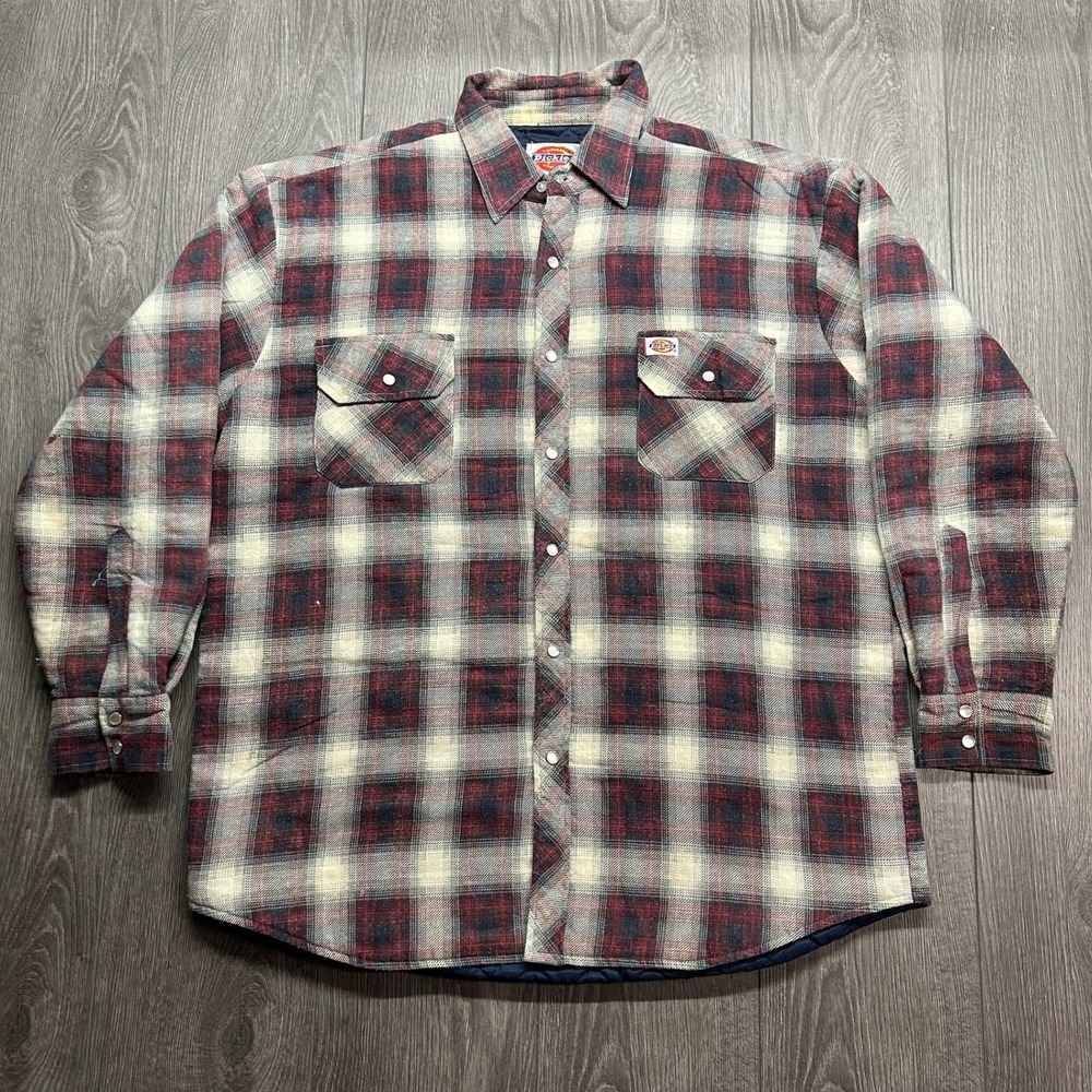 Vintage Dickies Plaid Quilted Lined Flannel Shirt Jacket Mens Large Red Navy